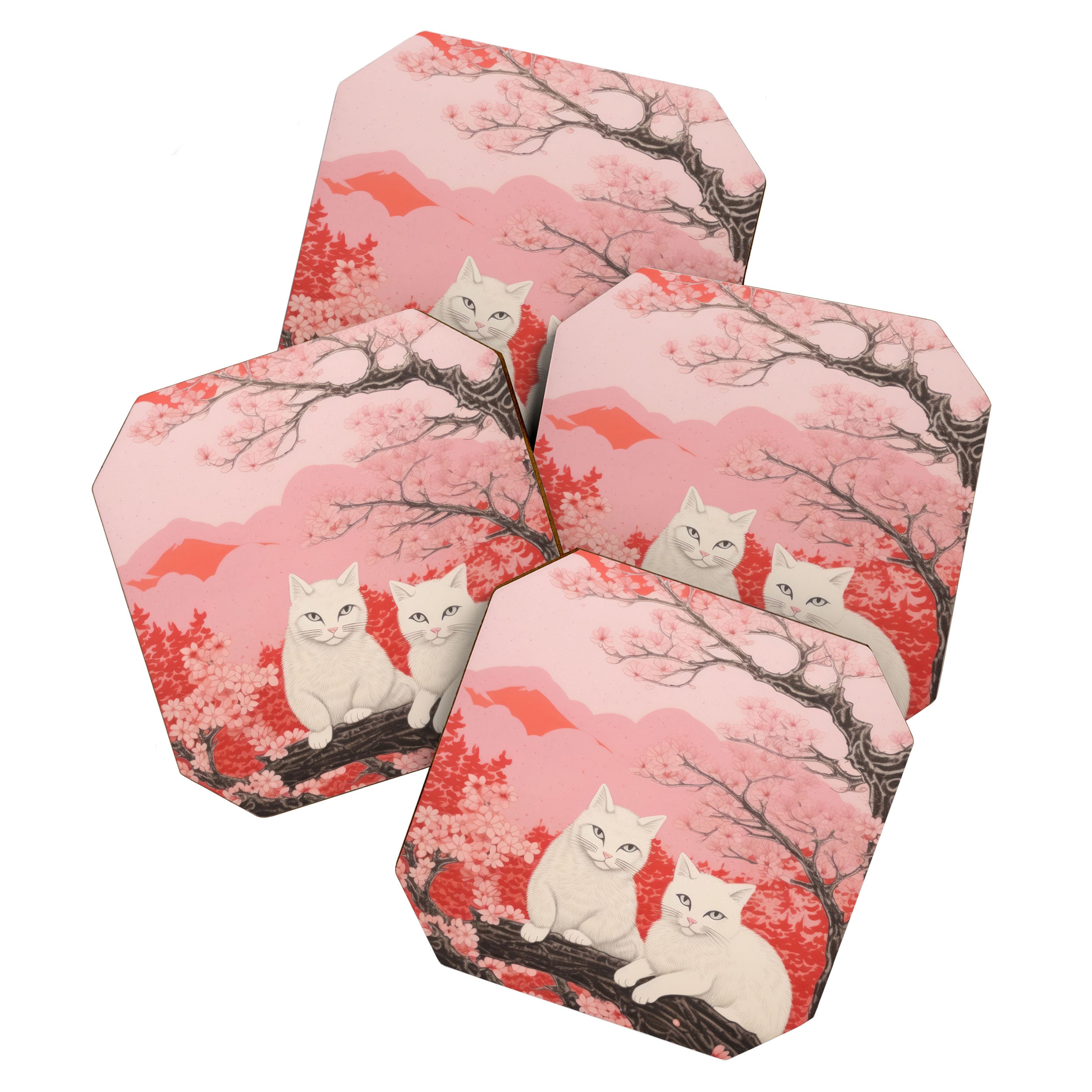 Springtime Japanese Cherry Blossom Twin Cats  Coaster Gallery Image 1