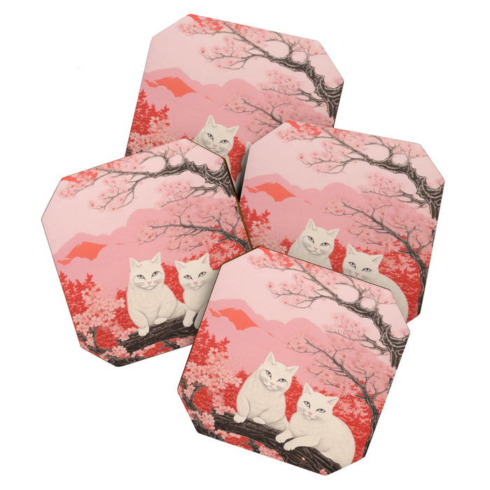 Springtime Japanese Cherry Blossom Twin Cats  Coaster Gallery Image 1