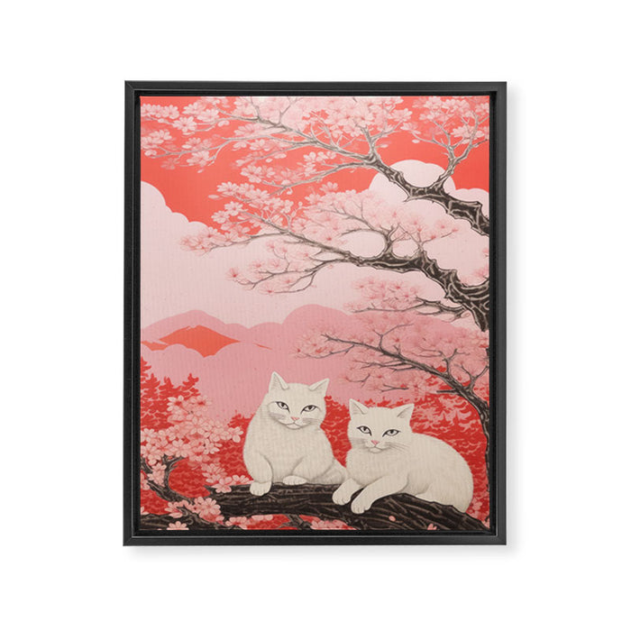 Springtime Japanese Cherry Blossom Twin Cats  Framed Canvas Print Gallery Image 1