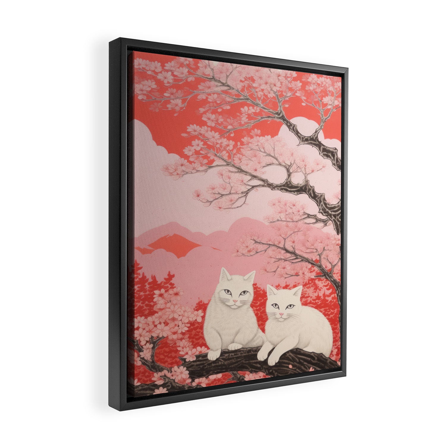 Springtime Japanese Cherry Blossom Twin Cats  Framed Canvas Print Gallery Image 2