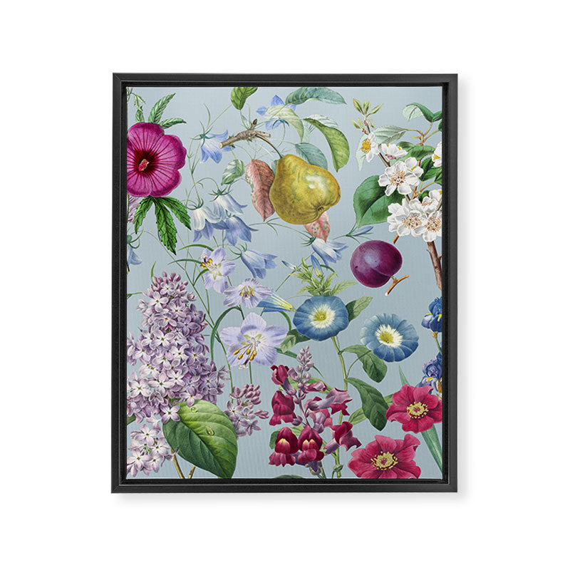 Summer Fruits Botanical Illustration Collage In Blue  Framed Canvas Print Gallery Image 6