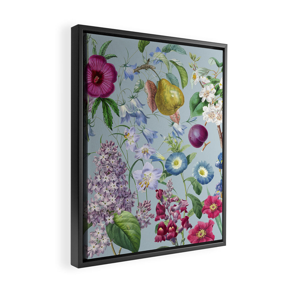 Summer Fruits Botanical Illustration Collage In Blue  Framed Canvas Print Gallery Image 2