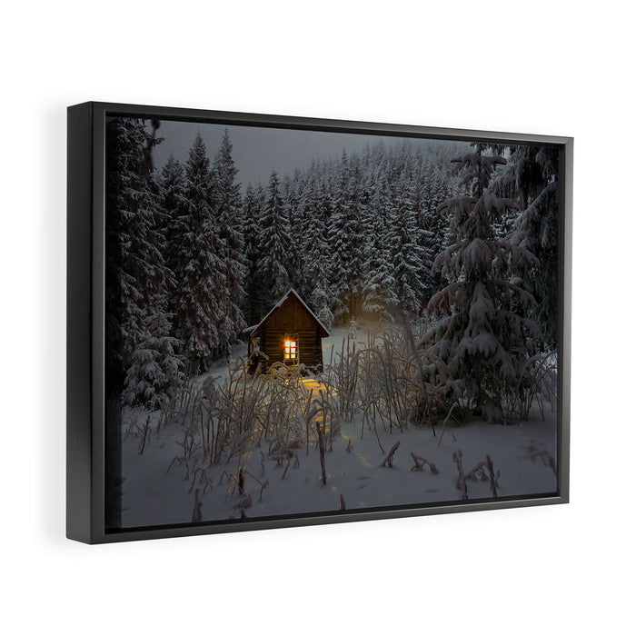 Tiny Cabin In The Winter Forest Snow Covered Pine Trees Framed Canvas Print Gallery Image 1