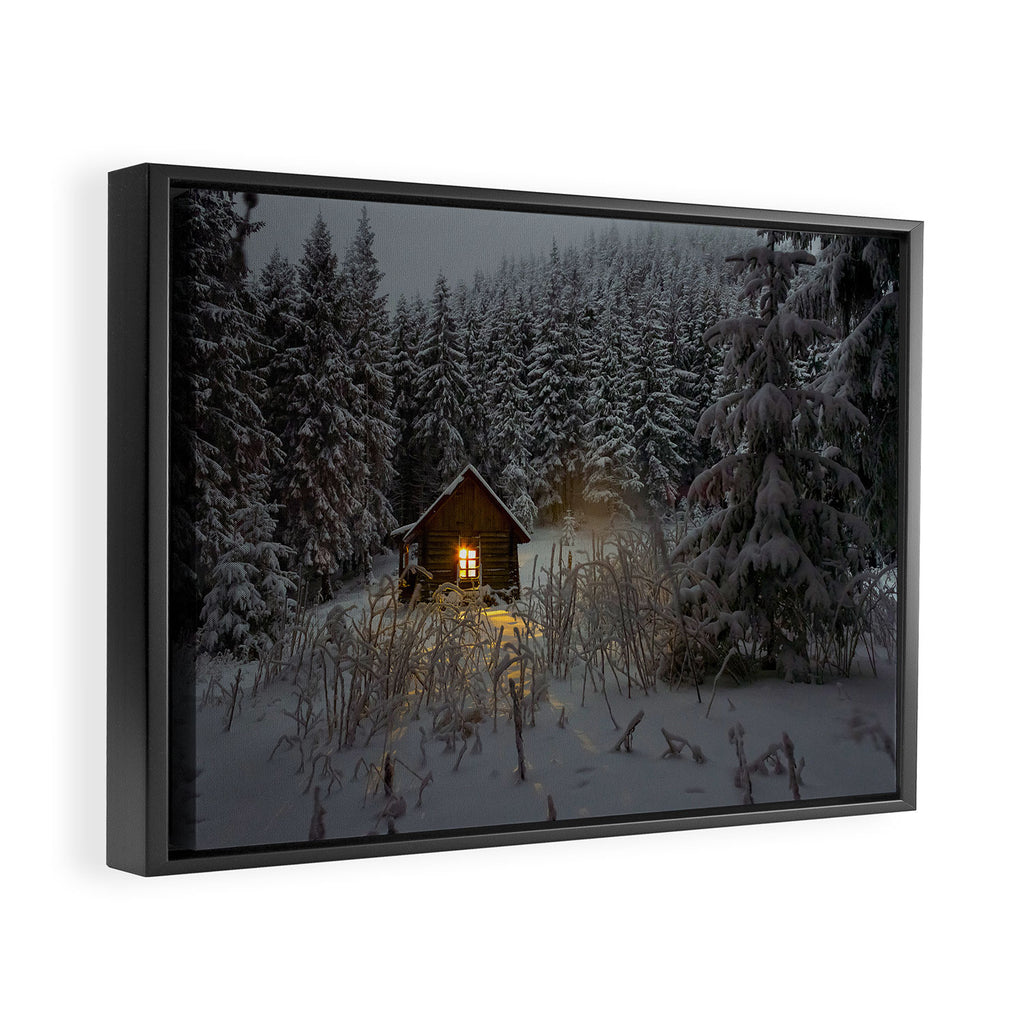 Tiny Cabin In The Winter Forest Snow Covered Pine Trees Framed Canvas Print Gallery Image 6