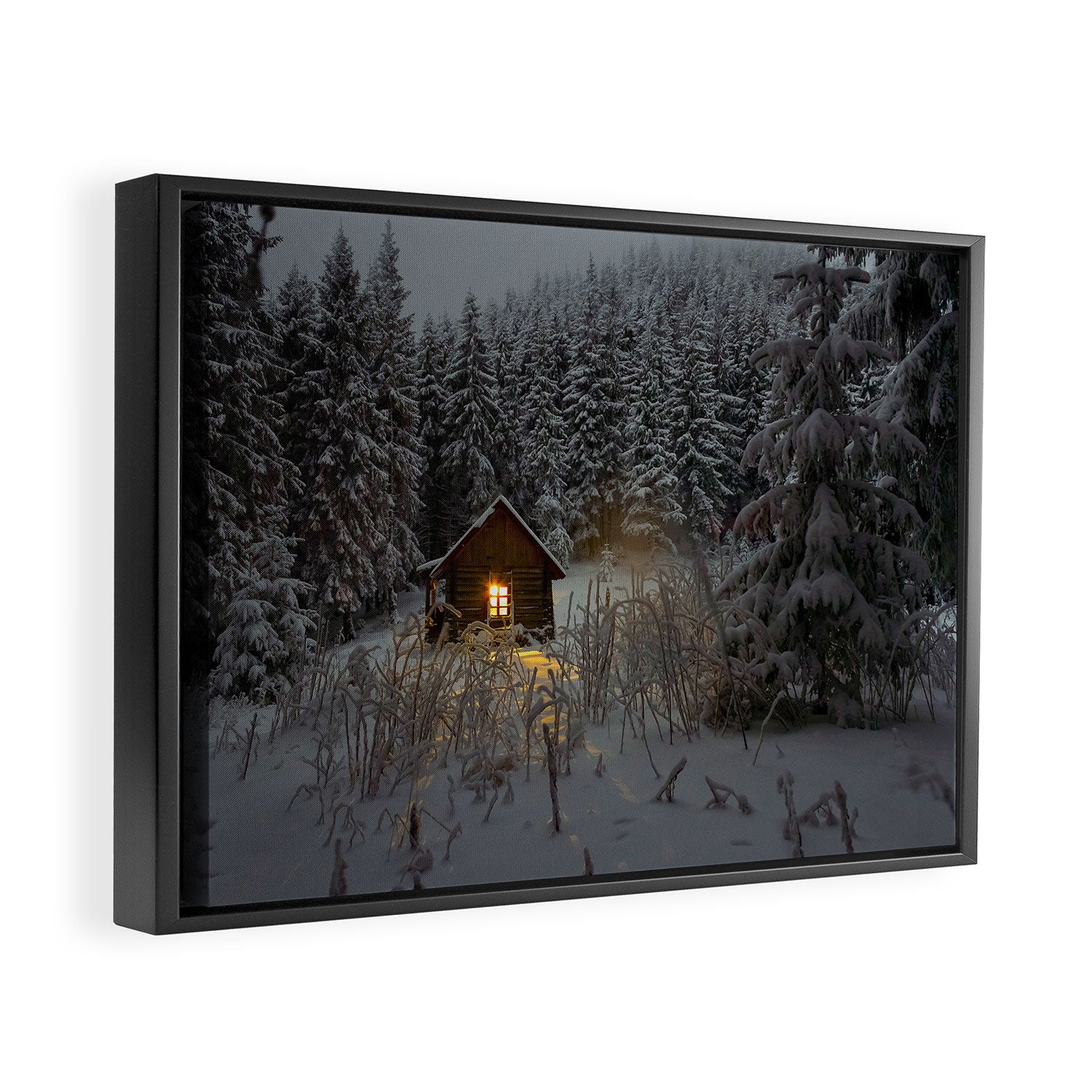 Tiny Cabin In The Winter Forest Snow Covered Pine Trees Framed Canvas Print Gallery Image 6