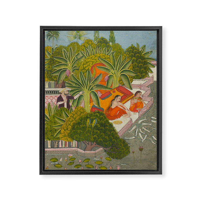 Title Royal Women Feeding Fish Place India Indian Miniature Painting  Framed Canvas Print Gallery Image 1