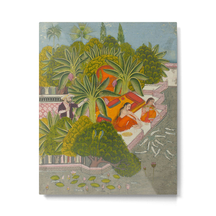Title Royal Women Feeding Fish Place India Indian Miniature Painting  Metal Print Gallery Image 1