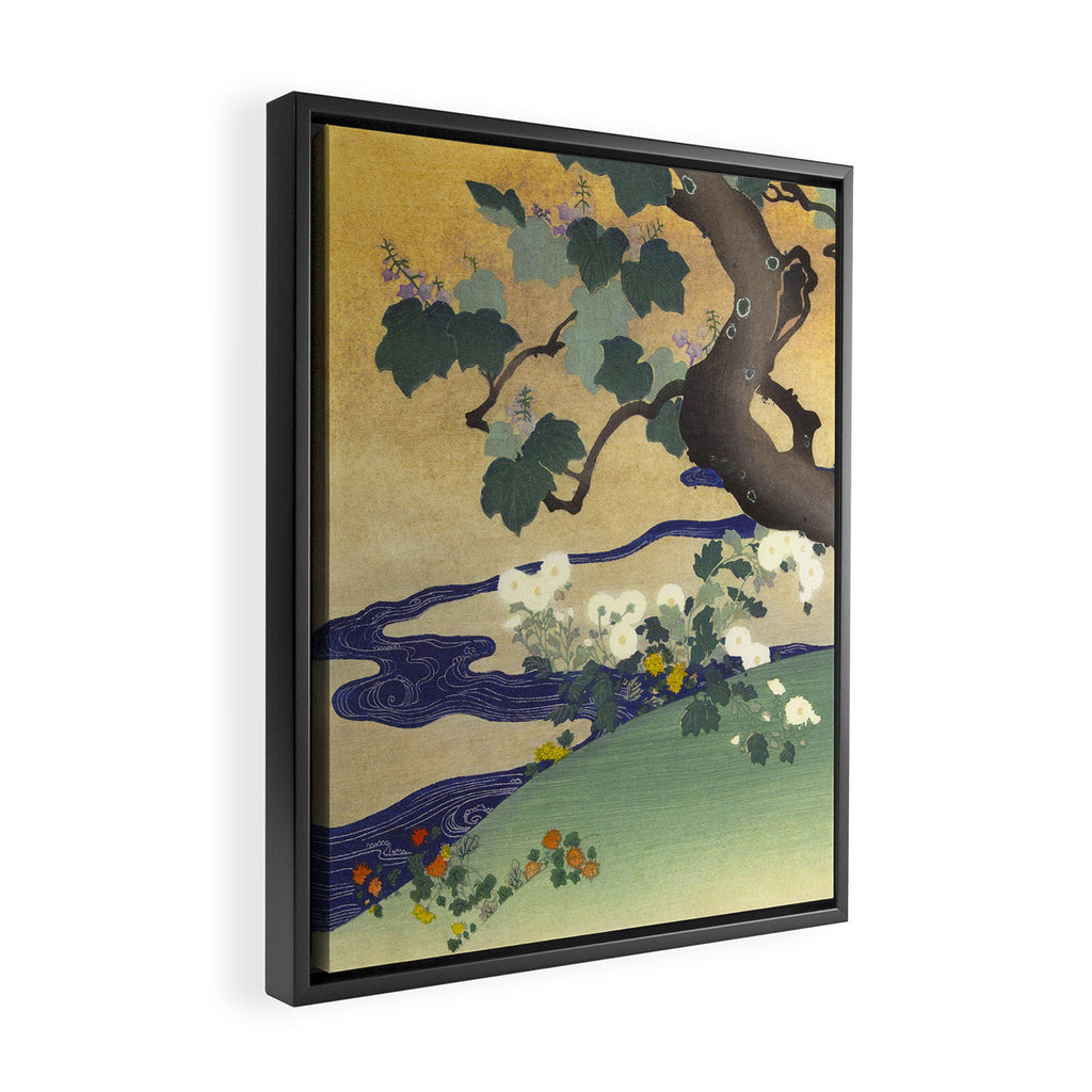 Tree and chrysanthemums by Kogyo Tsukioka Framed Canvas Print Gallery Image 2