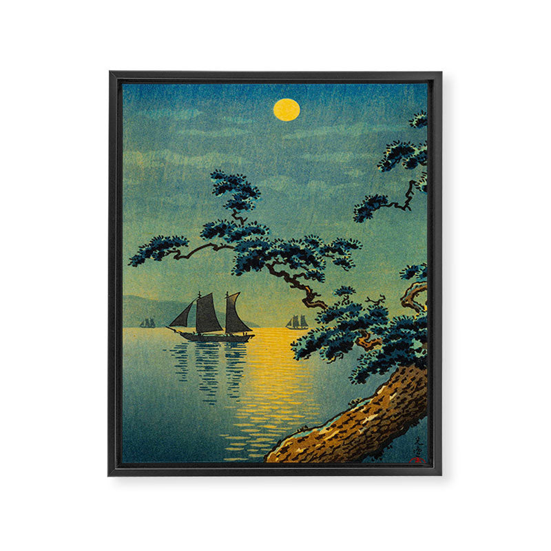 Tsuchiya Koitsu Maiko Seashore Japanese Woodblock Print Night Time Moon Over Ocean Sailboat Framed Canvas Print Gallery Image 6