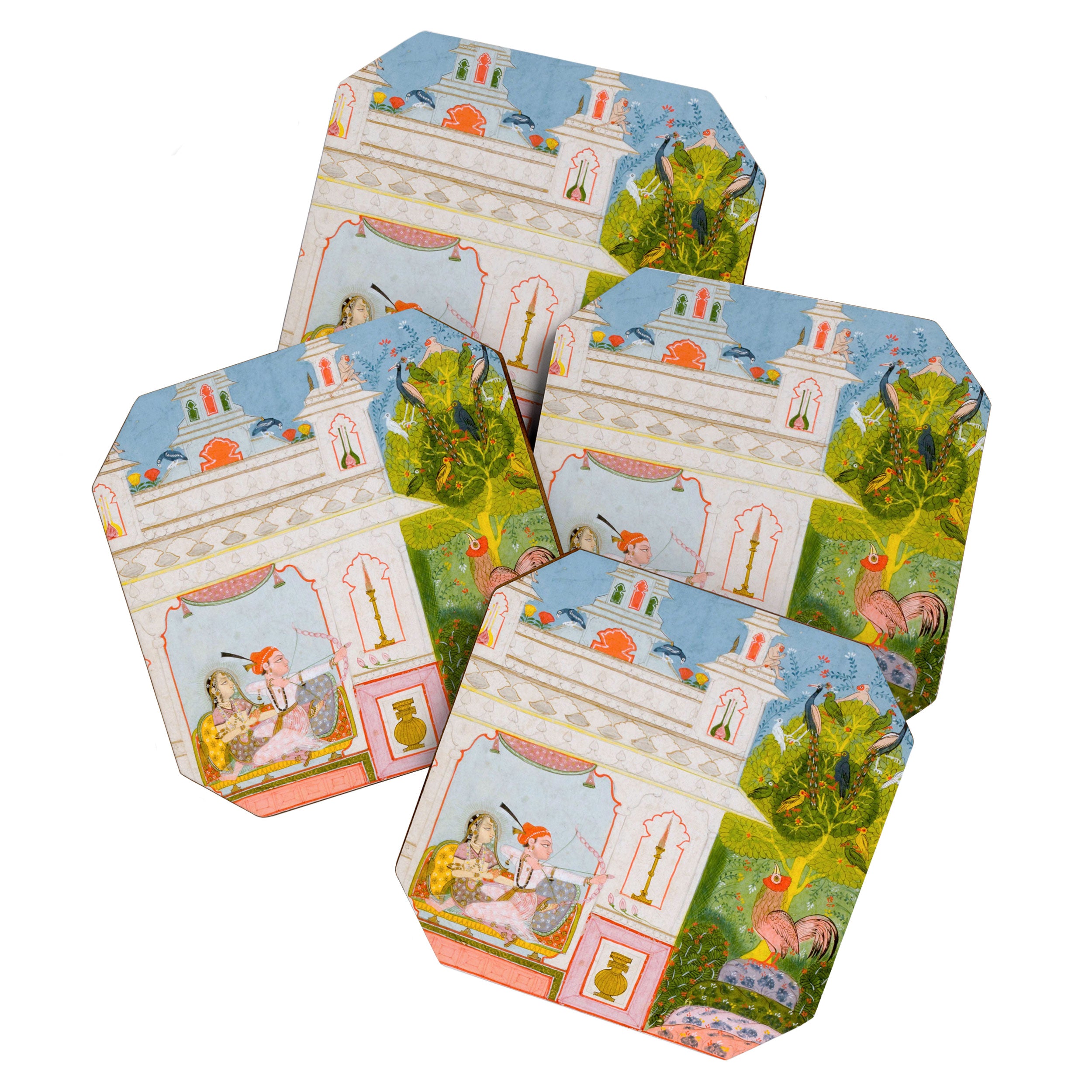Two Lovers And The Morning Rooster Indian Painted Illustration Coaster Gallery Image 1