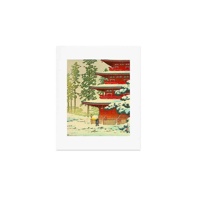 Vintage Japanese Woodblock Print Japanese Shinto Shrine Red Pagoda With Snow Capped Trees Art Print Gallery Image 1