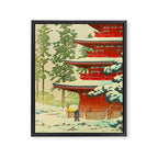 Vintage Japanese Woodblock Print Japanese Shinto Shrine Red Pagoda With Snow Capped Trees Framed Canvas Print Gallery Image 6
