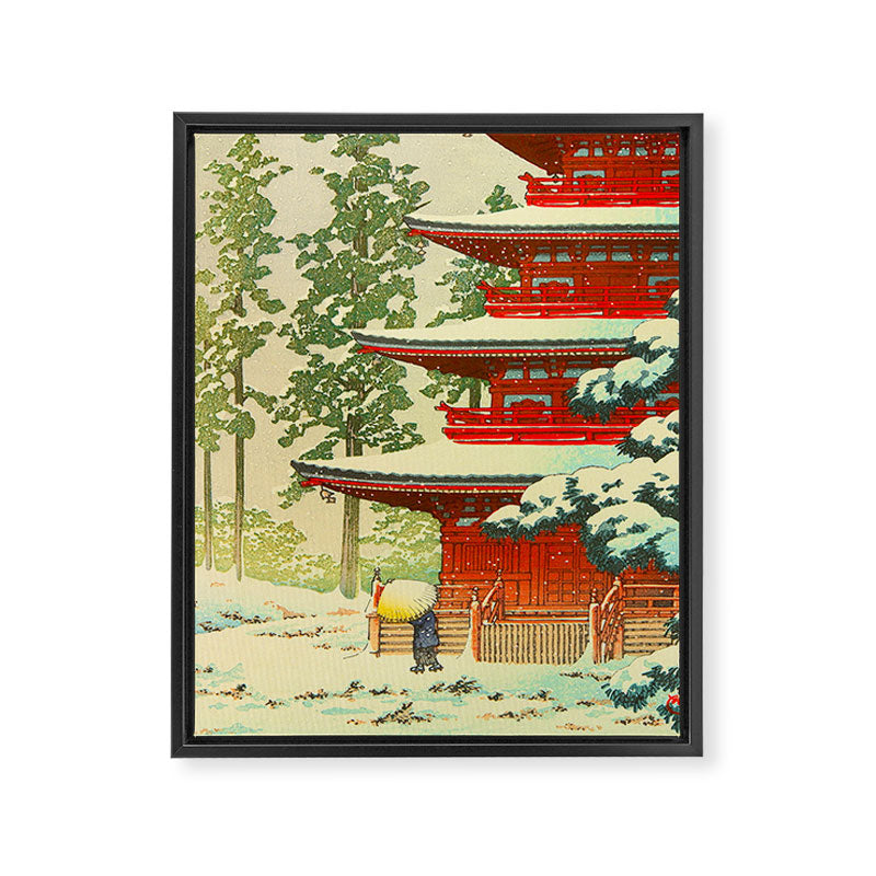Vintage Japanese Woodblock Print Japanese Shinto Shrine Red Pagoda With Snow Capped Trees Framed Canvas Print Gallery Image 6