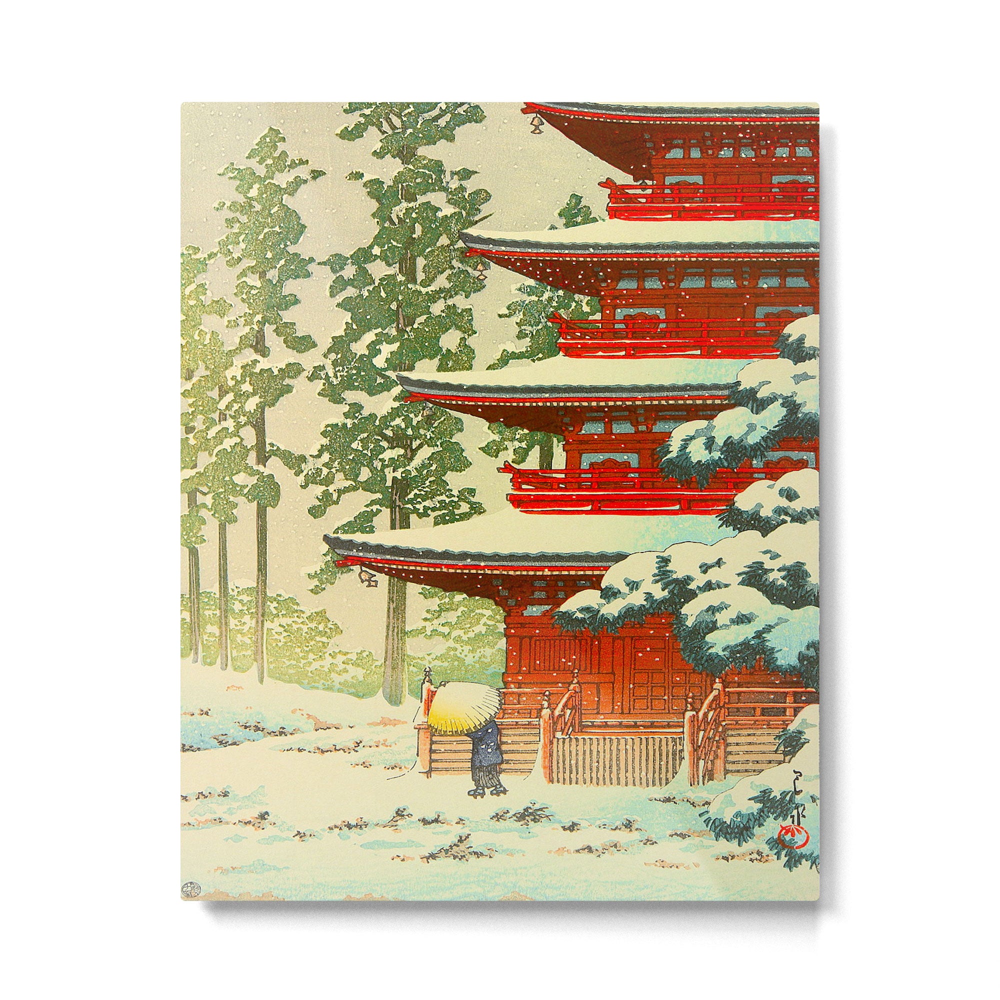 Vintage Japanese Woodblock Print Japanese Shinto Shrine Red Pagoda With Snow Capped Trees Metal Print Gallery Image 4