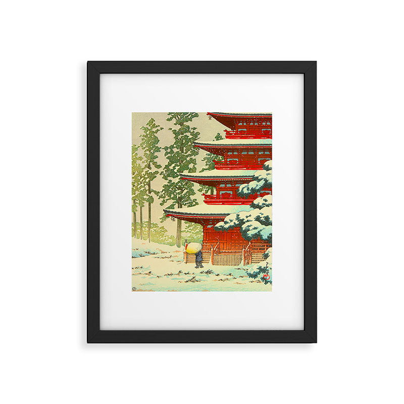 Vintage Japanese Woodblock Print Japanese Shinto Shrine Red Pagoda With Snow Capped Trees Framed Art Print Gallery Image 5