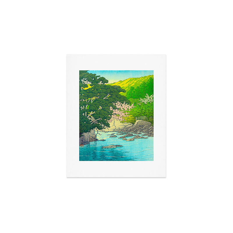 Vintage Japanese Woodblock Print Beautiful Water Creek Grey Rocks Green Trees Art Print Gallery Image 1