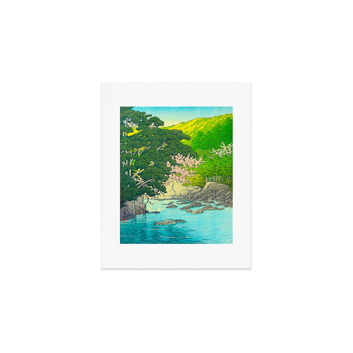 Vintage Japanese Woodblock Print Beautiful Water Creek Grey Rocks Green Trees Art Print Gallery Image 1