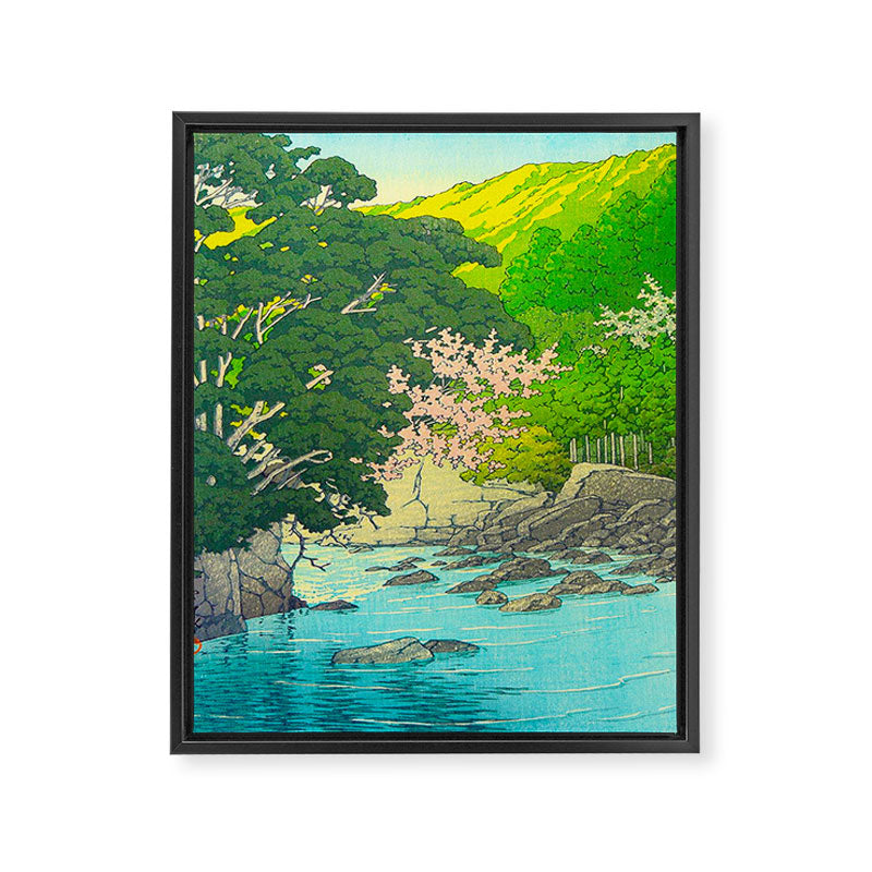 Vintage Japanese Woodblock Print Beautiful Water Creek Grey Rocks Green Trees Framed Canvas Print Gallery Image 6
