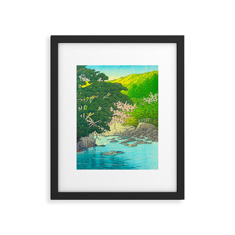 Vintage Japanese Woodblock Print Beautiful Water Creek Grey Rocks Green Trees Framed Art Print Gallery Image 5