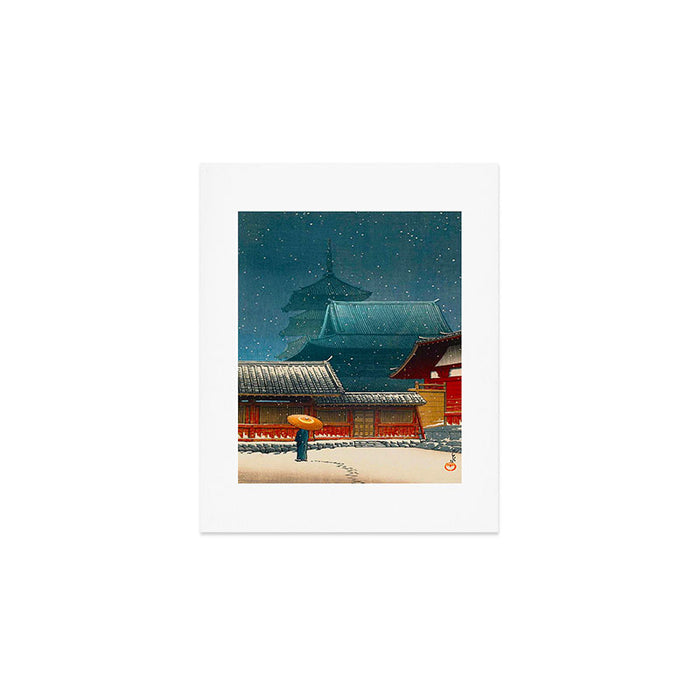 Vintage Japanese Woodblock Print Japanese Red Shinto Shrine Pagoda Winter Snow Art Print Gallery Image 1