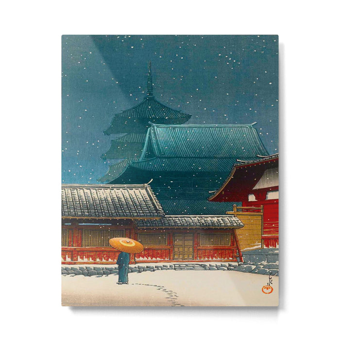 Vintage Japanese Woodblock Print Japanese Red Shinto Shrine Pagoda Winter Snow Metal Print Gallery Image 1