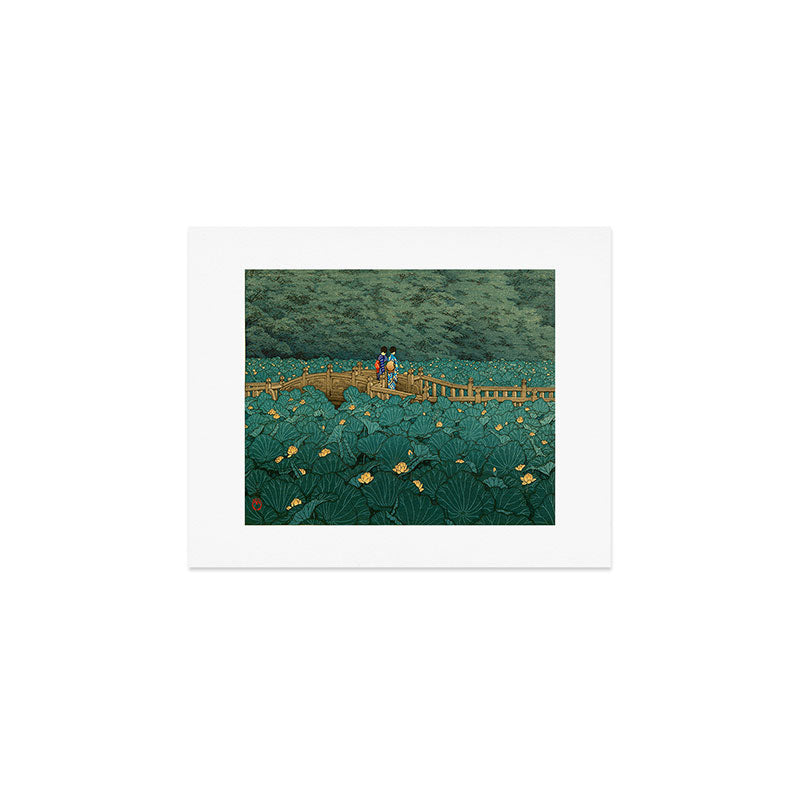 Vintage Japanese Woodblock Print Kawase Hasui Japanese Children Lotus Flowers Garden Wooden Bridge Art Print Gallery Image 1