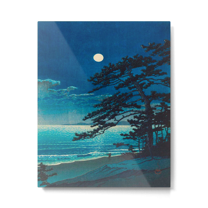 Vintage Japanese Woodblock Print Moonlight Over Ocean Japanese Landscape Tall Tree Silhouette Metal Print Gallery Image 1