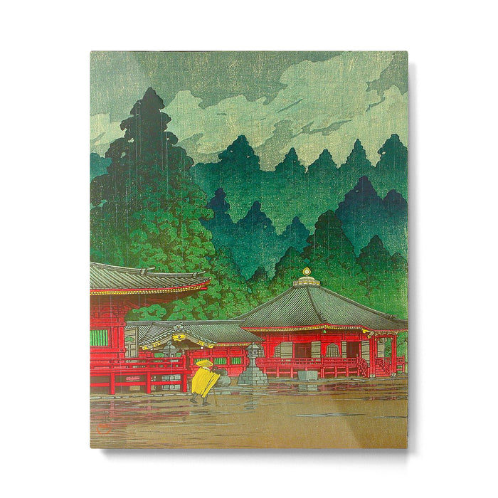 Vintage Japanese Woodblock Print Rainy Day At The Shinto Shrine Tall Pine trees Yellow Rain Coat Metal Print Gallery Image 1
