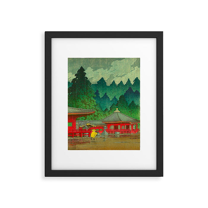 Vintage Japanese Woodblock Print Rainy Day At The Shinto Shrine Tall Pine trees Yellow Rain Coat Framed Art Print Gallery Image 1