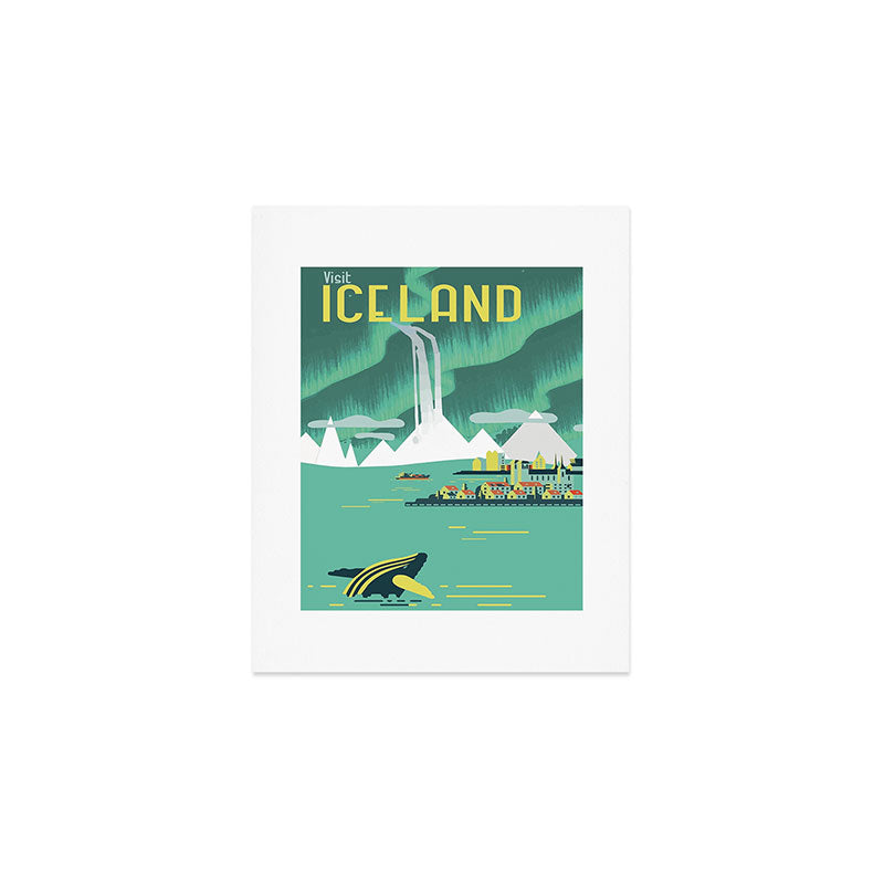 Vintage Mid Century Modern Iceland Scandinavian Travel Poster Ocean Whale Winter Village Art Print Gallery Image 1