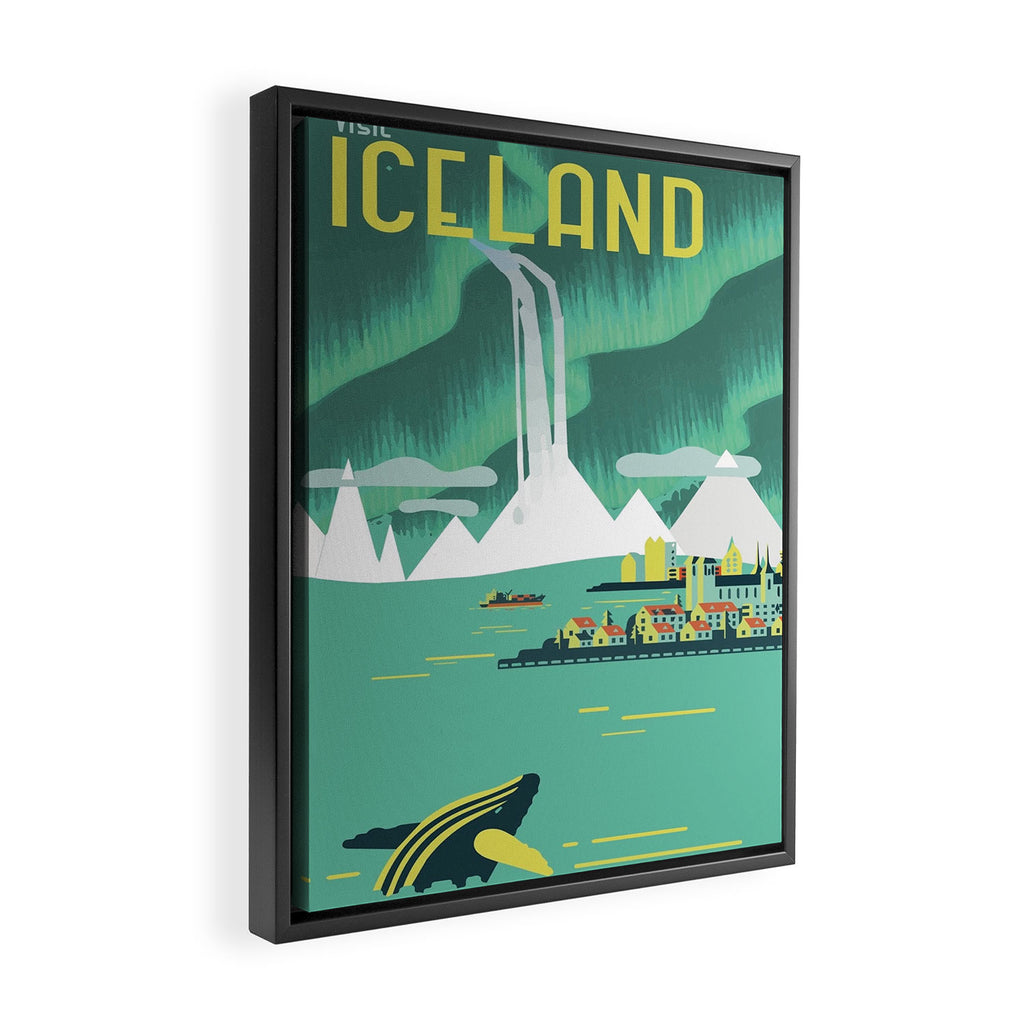 Vintage Mid Century Modern Iceland Scandinavian Travel Poster Ocean Whale Winter Village Framed Canvas Print Gallery Image 2