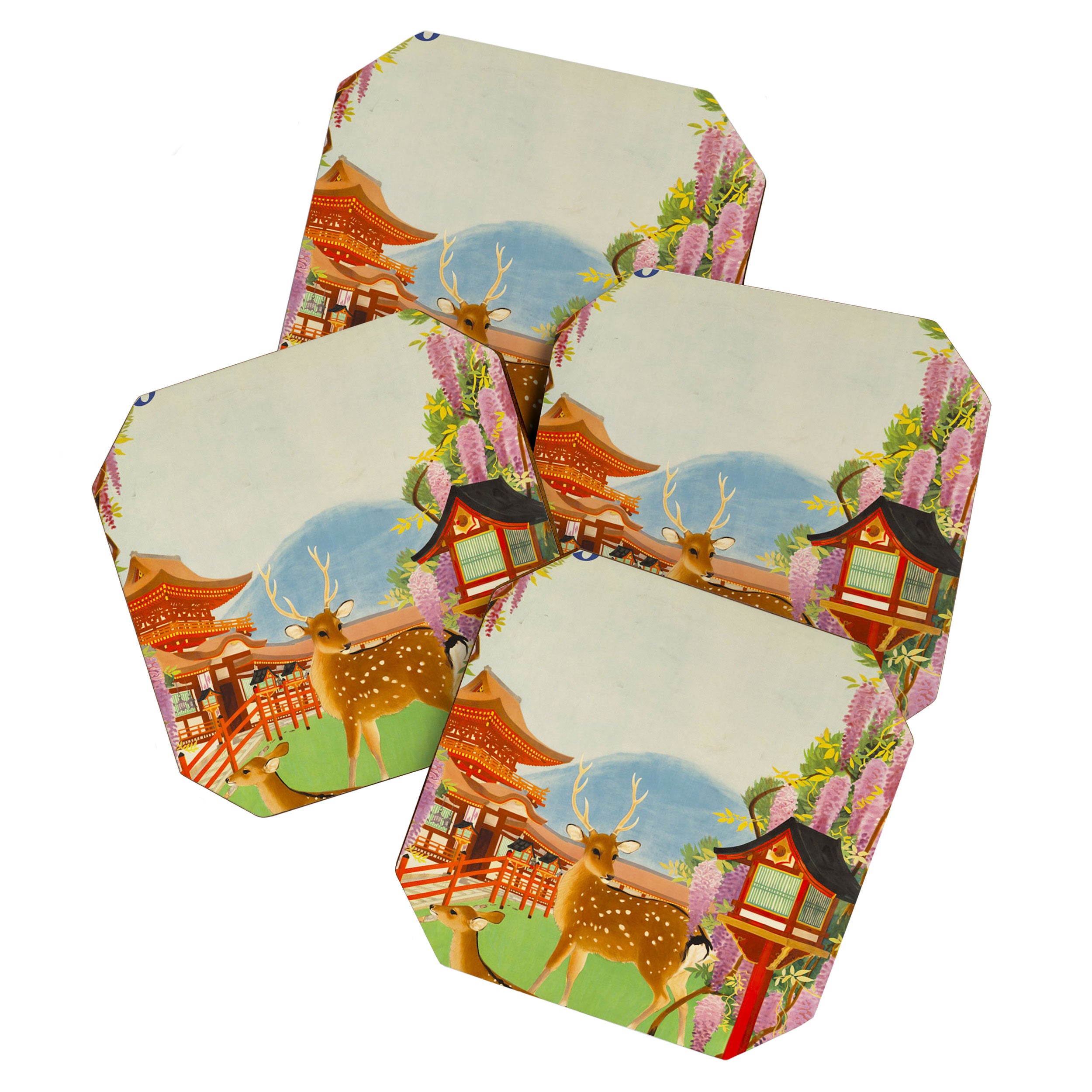 Vintage Mid Century Modern Japan Travel Poster Deer Red Pagoda Wisteria Garden Coaster Gallery Image 1