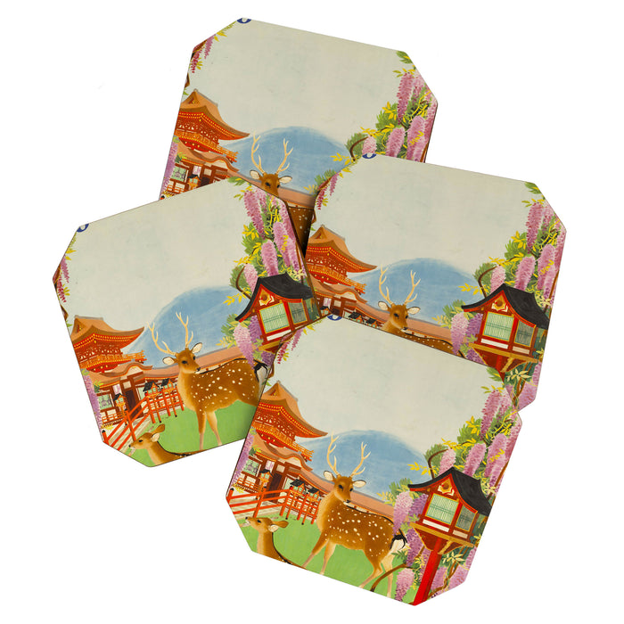 Vintage Mid Century Modern Japan Travel Poster Deer Red Pagoda Wisteria Garden Coaster Gallery Image 1