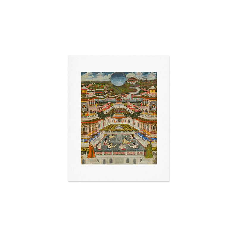 Women bathing before an architectural panorama c. 1765 Fayzullah (Indian, active c. 1730-1765) India, Lucknow, Mughal Indian Miniature Painting  Art Print Gallery Image 1