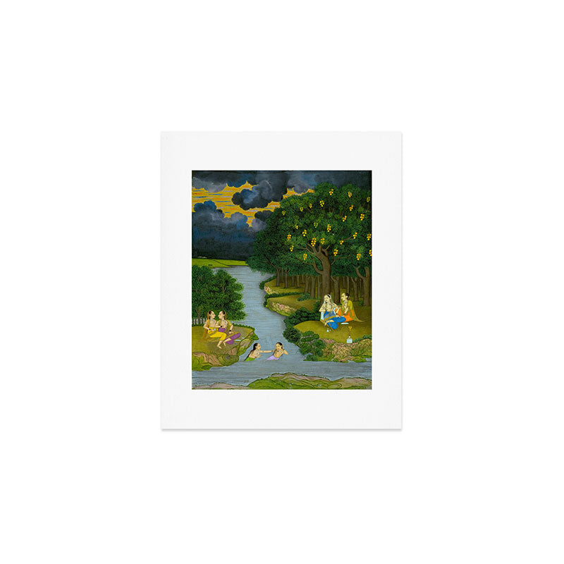 Women enjoying the river at the forestâs edge Indian Miniature Painting  Art Print Gallery Image 1