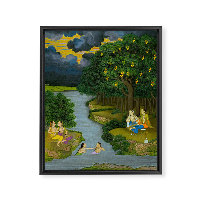 Women enjoying the river at the forestâs edge Indian Miniature Painting  Framed Canvas Print Gallery Image 1