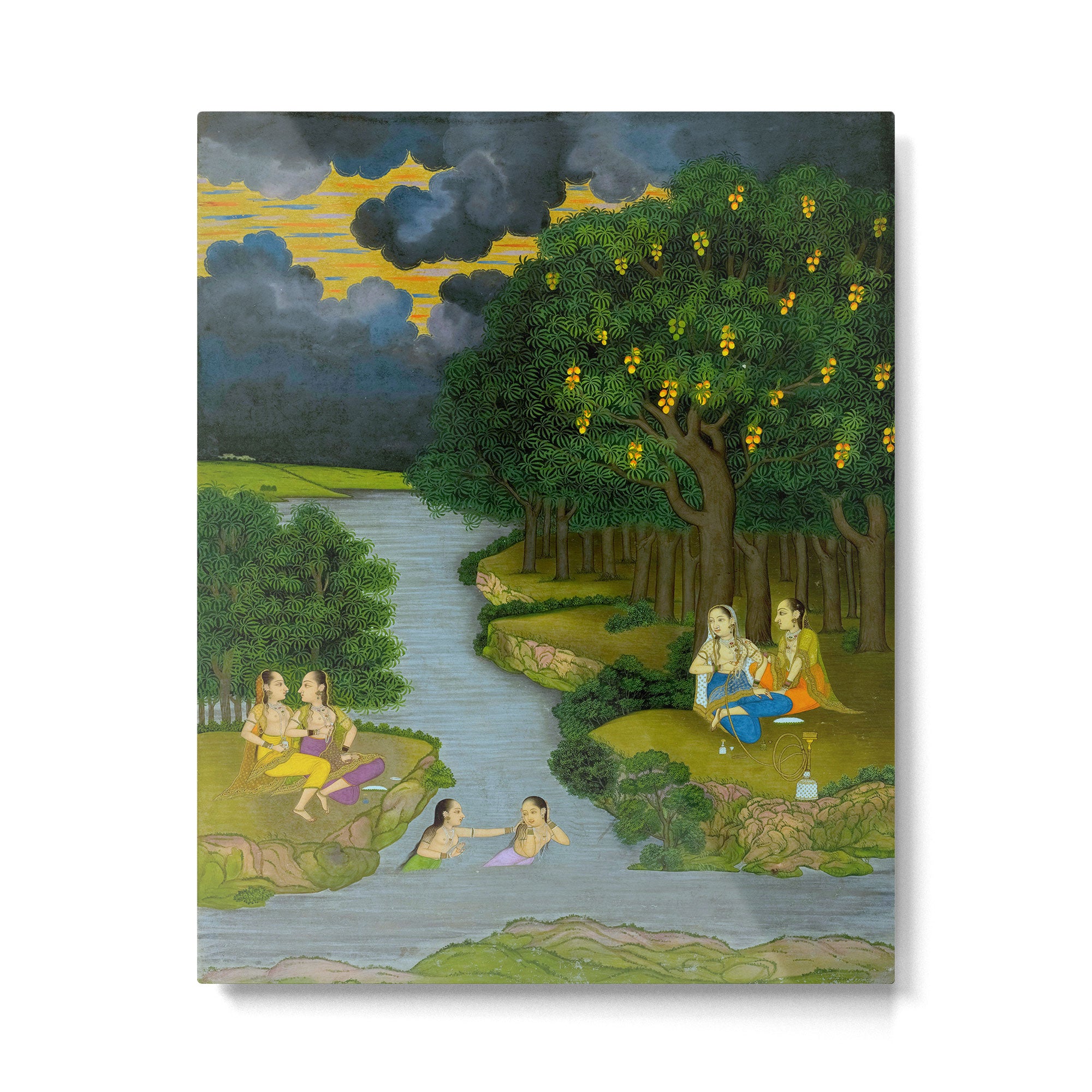 Women enjoying the river at the forestâs edge Indian Miniature Painting  Metal Print Gallery Image 4