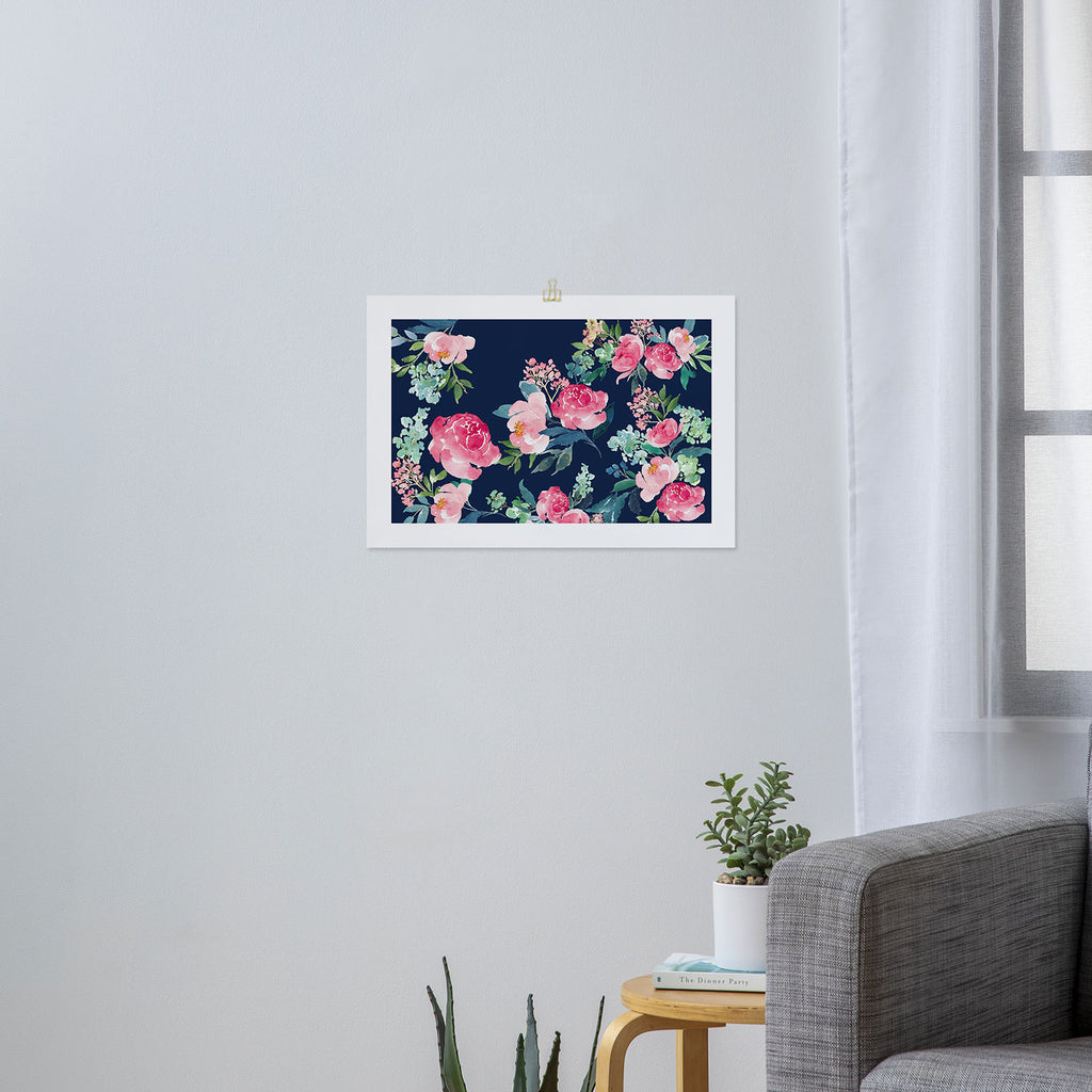 Navy and Pink Watercolor Peony Art Print Gallery Image 3