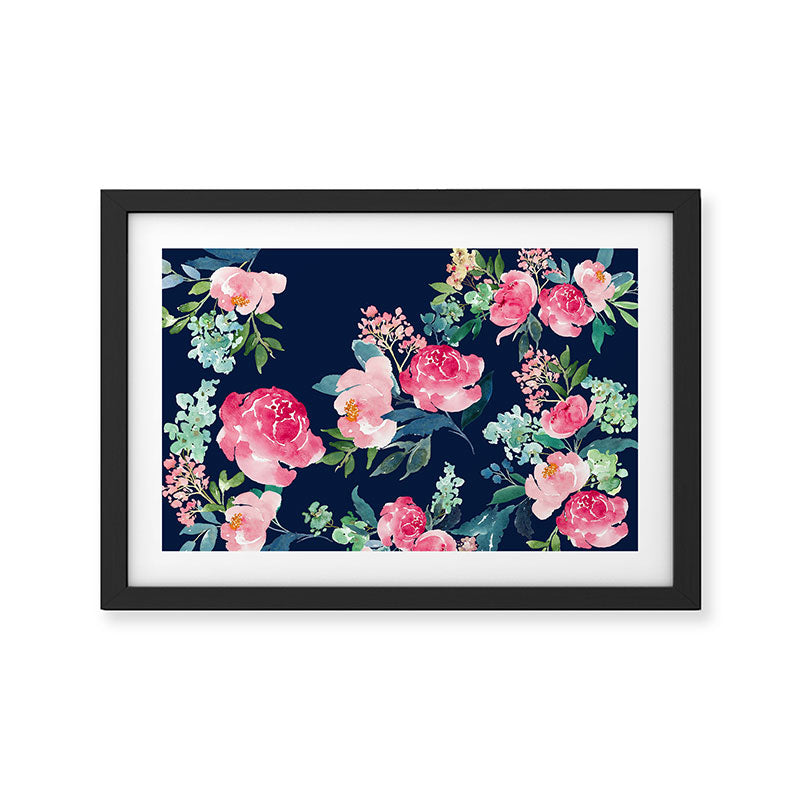 Navy and Pink Watercolor Peony Framed Art Print Gallery Image 2