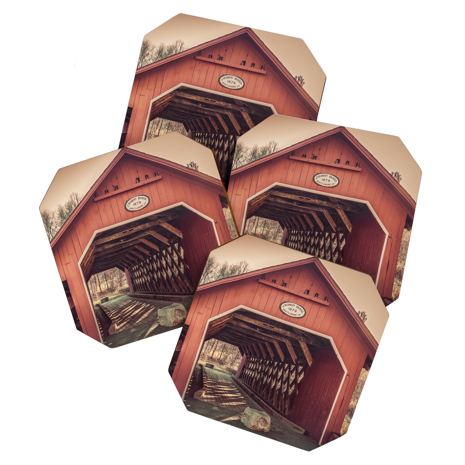 Creamery Covered Bridge Battleboro Vermont Red Historic Romantic Enclosure  Coaster Gallery Image 1