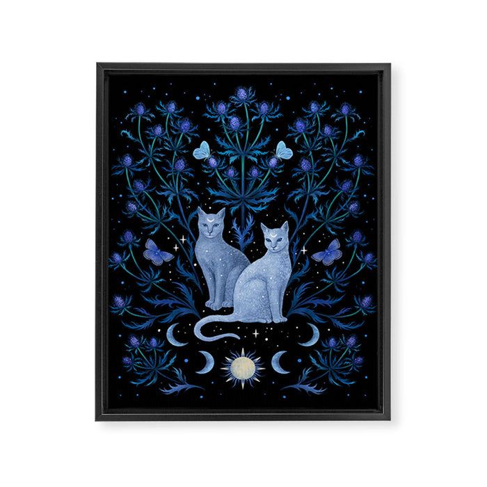 Blue Thistle & Cat Framed Canvas Print Gallery Image 1
