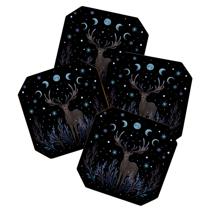 Deer in Winter Night Forest Coaster Gallery Image 1