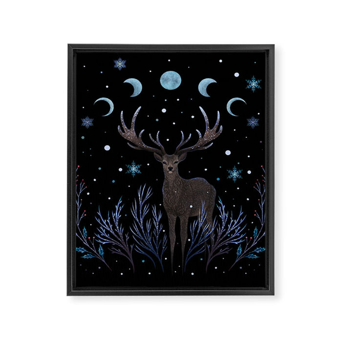 Deer in Winter Night Forest Framed Canvas Print Gallery Image 1