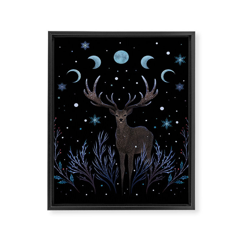 Deer in Winter Night Forest Framed Canvas Print Gallery Image 8