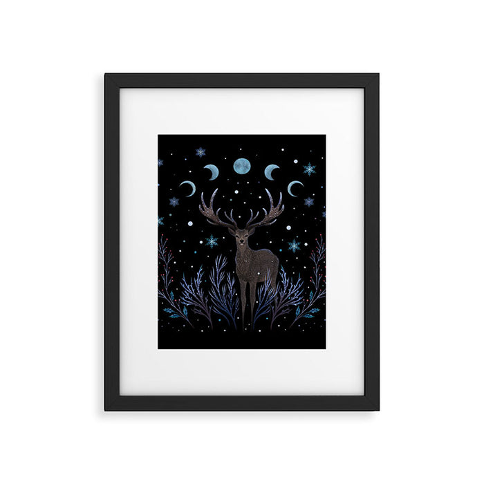 Deer in Winter Night Forest Framed Art Print Gallery Image 1