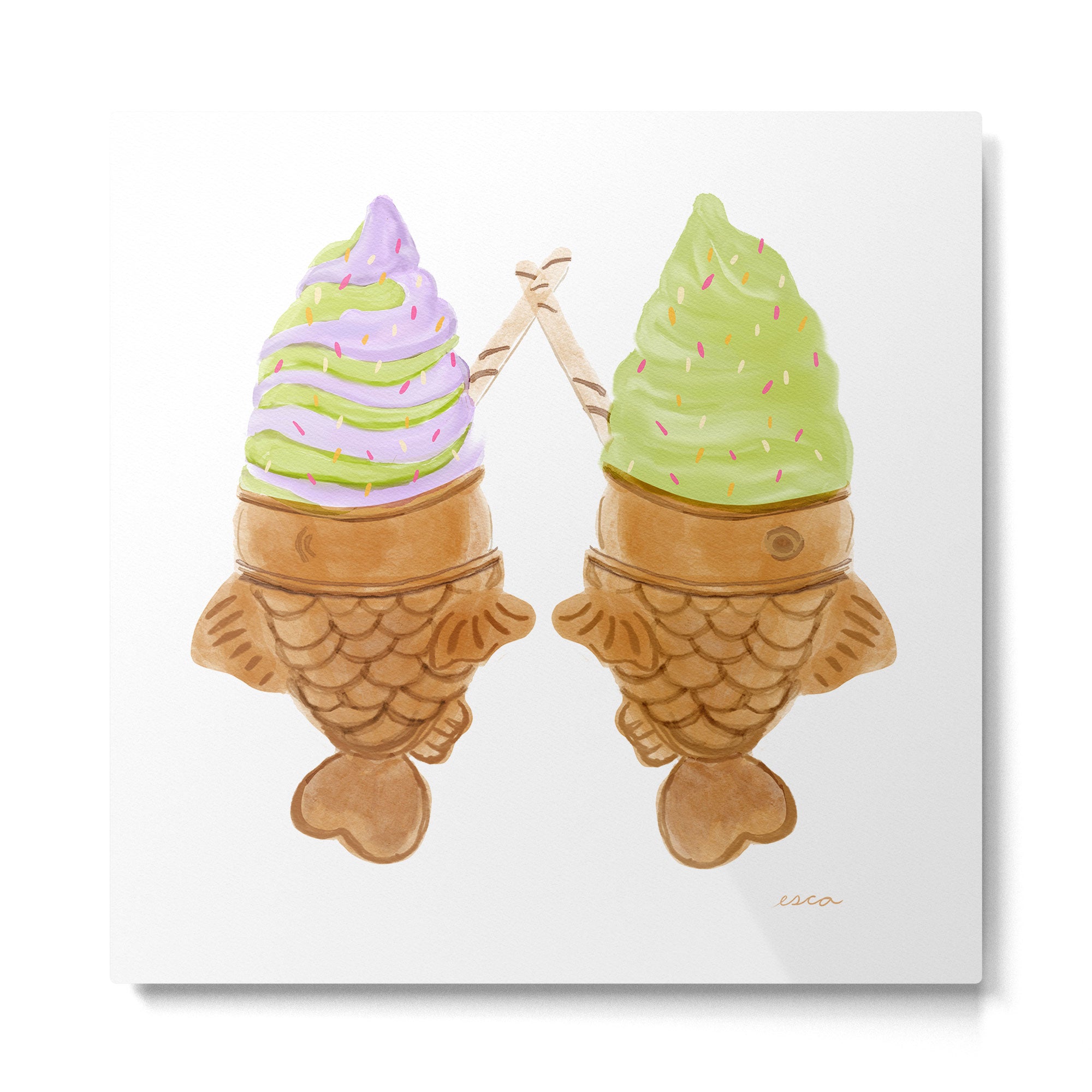 Matcha and Taro Taiyaki Ice Cream Cones Metal Print Gallery Image 2