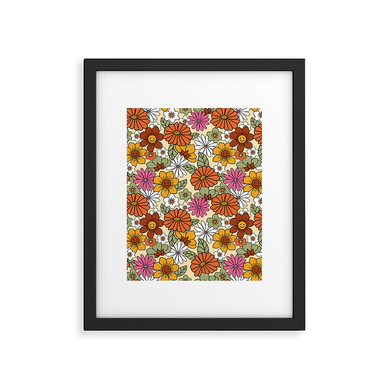 Retro 70s Boho Floral Pattern Framed Art Print