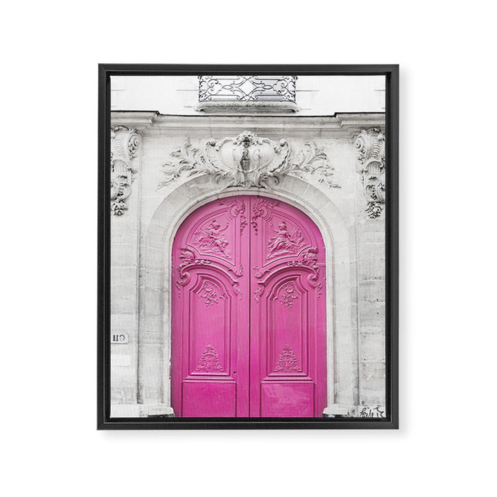 Pink Paris Door - Travel Photography, Building in Paris Framed Canvas Print Gallery Image 1
