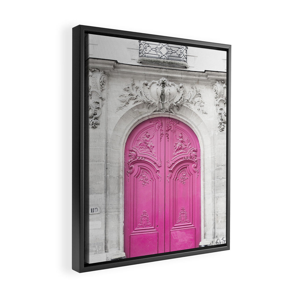 Pink Paris Door - Travel Photography, Building in Paris Framed Canvas Print Gallery Image 2