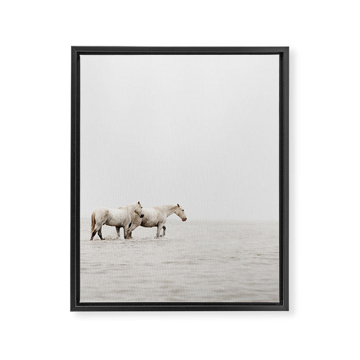 White Camargue Horses - Minimalist Nature Photography Framed Canvas Print Gallery Image 1